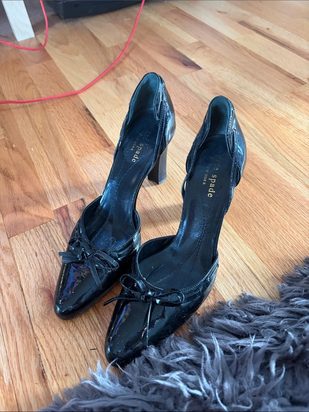kate spade Black Patent Pointed D'Orsay Heels with Bow - 6